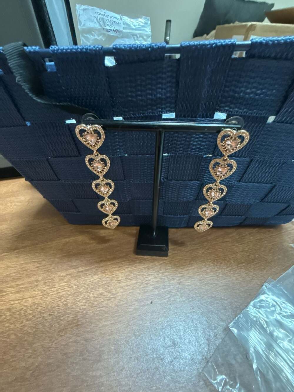 Gold Tone Rhinestone Multi-Heart Drop Earrings